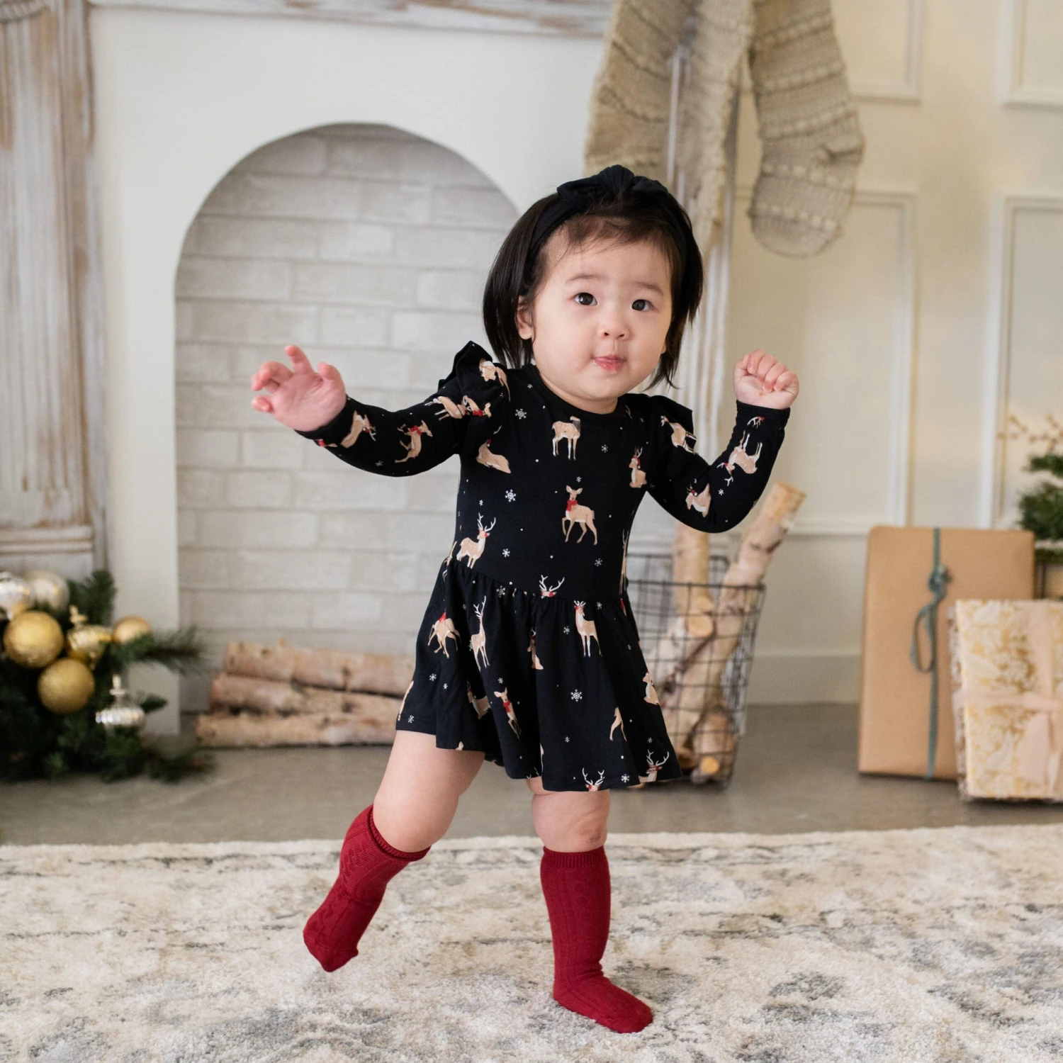 Long Sleeve Twirl Bodysuit Dress In Midnight Deer - Image 3