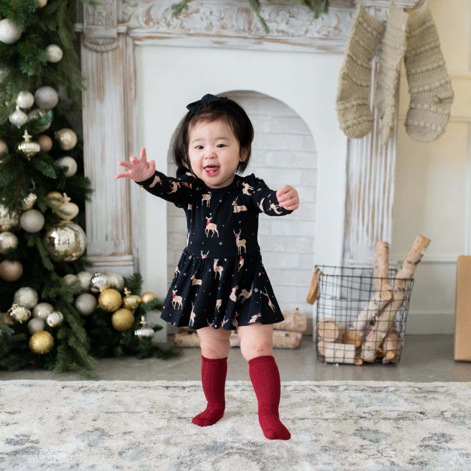 Long Sleeve Twirl Bodysuit Dress In Midnight Deer - Image 2