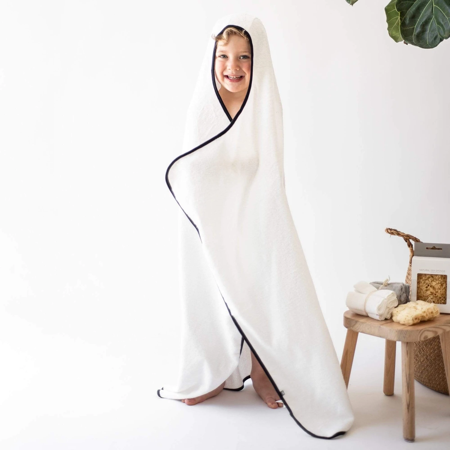 Toddler Hooded Bath Towel In Cloud With Midnight Trim - Image 2