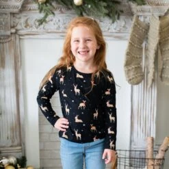 Long Sleeve Toddler Crew Neck Tee In Midnight Deer