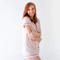 Women’s Short Sleeve Pajama Set In Blush With Midnight Trim